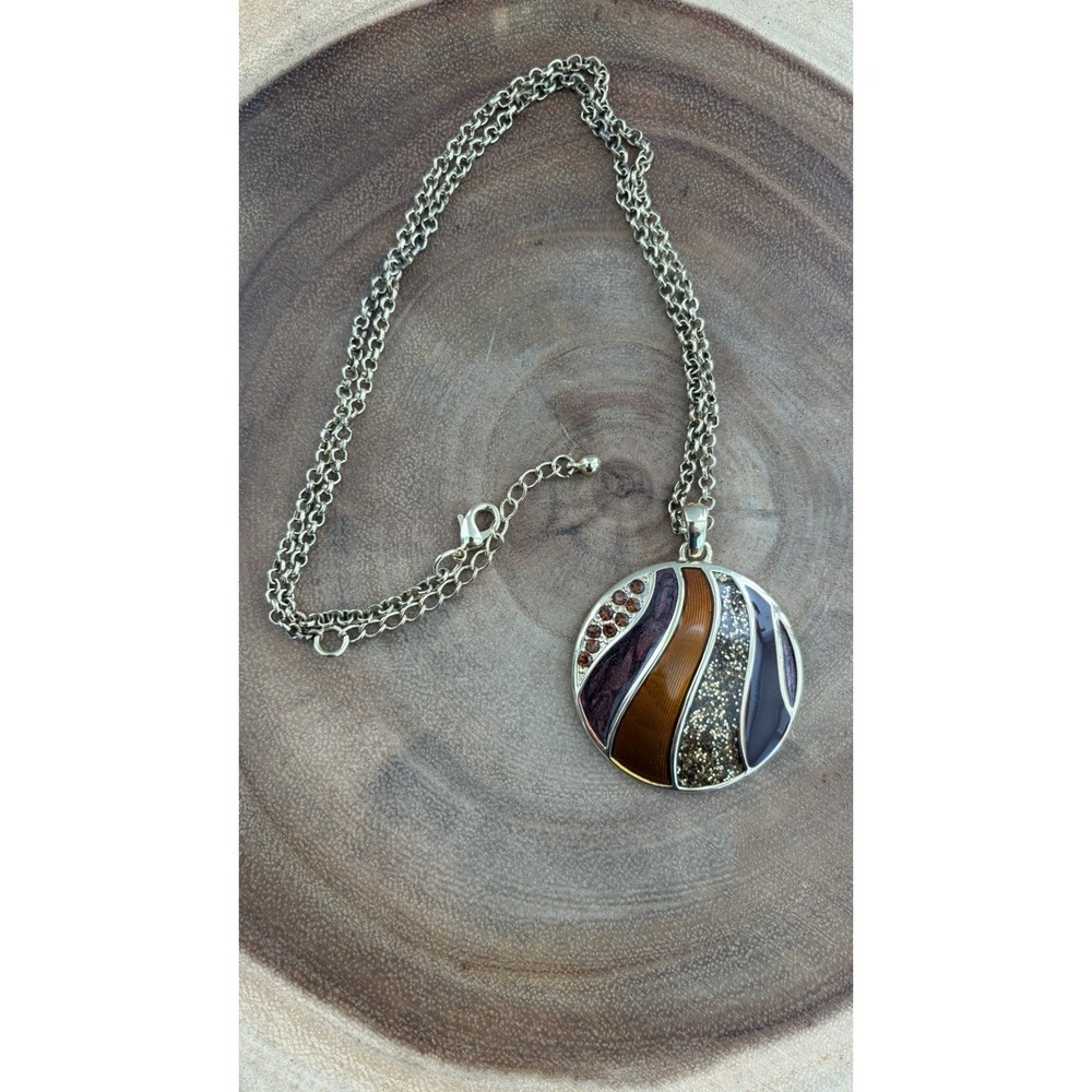 Womens Round Gold Statement Pendant Necklace Rhinestones Brown Orange Enamel